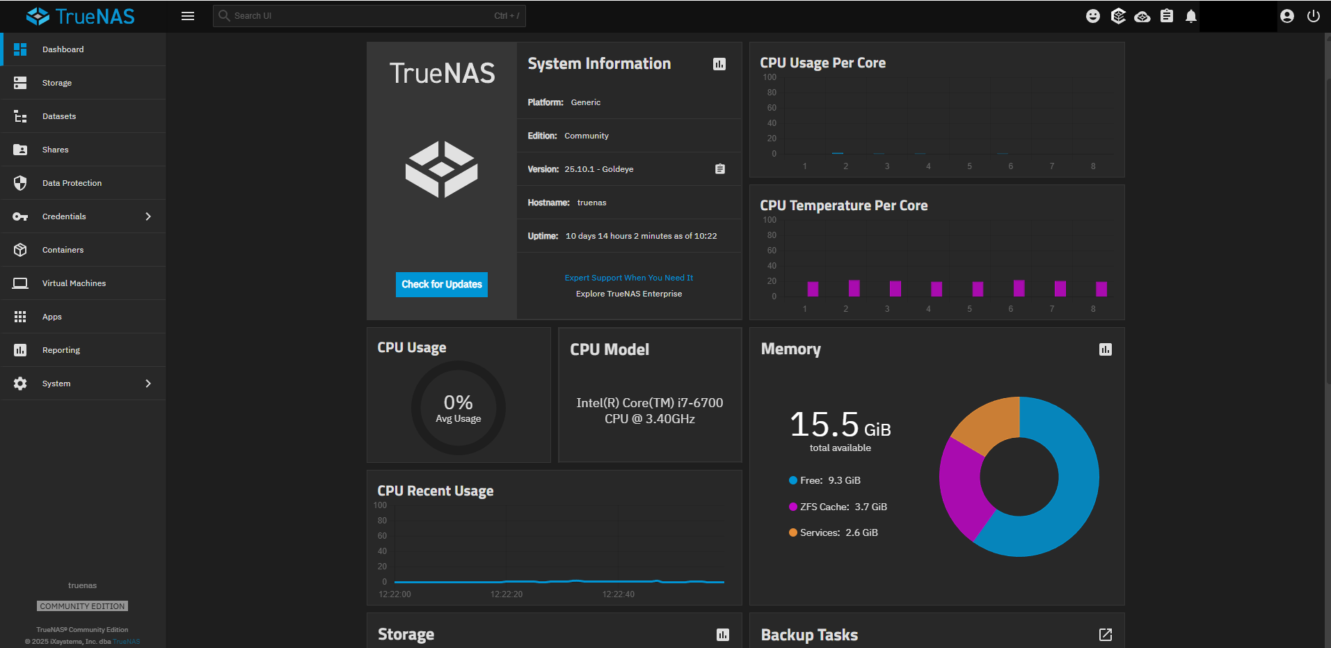The TrueNAS SCALE dashboard showing system information, CPU usage and temperature per core, memory breakdown, and the ZFS storage pool